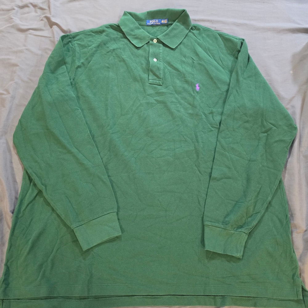 Polo Ralph Lauren Mens Green Long Sleeve Polo Shirt Purple Pony Logo Size 2XB